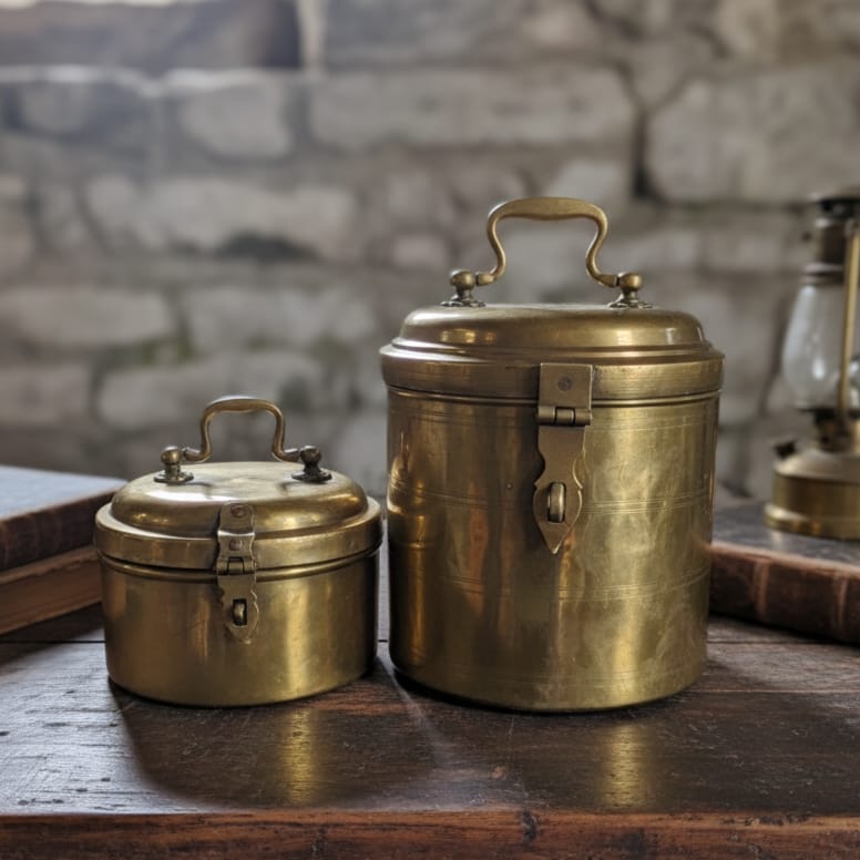 CSB/07 - Set of 2 - Rare Vintage Pure Brass Very Beautiful Flat Round & Cylindrical Shape Storage Boxes with Lock System | KITCHENWARE | UTENSILS | HOME APPLIANCES