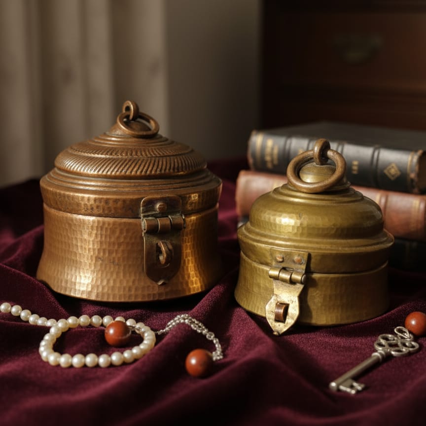 PM/07 - Set of 2 - Rare Vintage Pure Brass & Copper Very Beautifully Hammered Storage Boxes with Lock System | Jewellery Keeper | KITCHENWARE | UTENSILS | HOME APPLIANCES