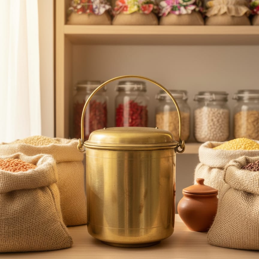 ORIGINAL ANTIQUE: AT/113 - Rare Vintage Pure Brass Very Beautiful Cylindrical Shape Storage Barni | Jar | KITCHENWARE | UTENSILS | HOME APPLIANCES