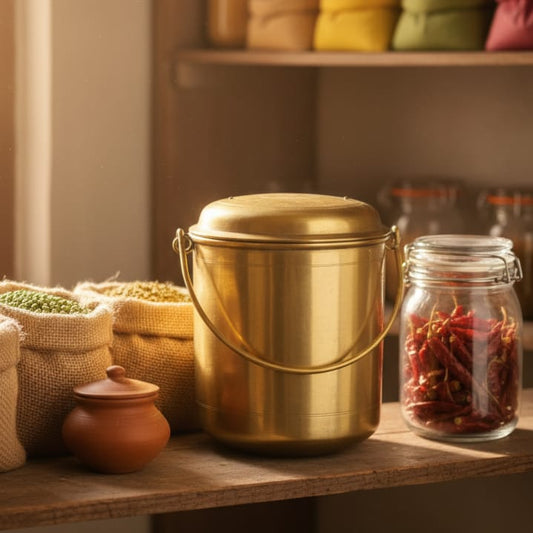 ORIGINAL ANTIQUE: AT/113 - Rare Vintage Pure Brass Very Beautiful Cylindrical Shape Storage Barni | Jar | KITCHENWARE | UTENSILS | HOME APPLIANCES