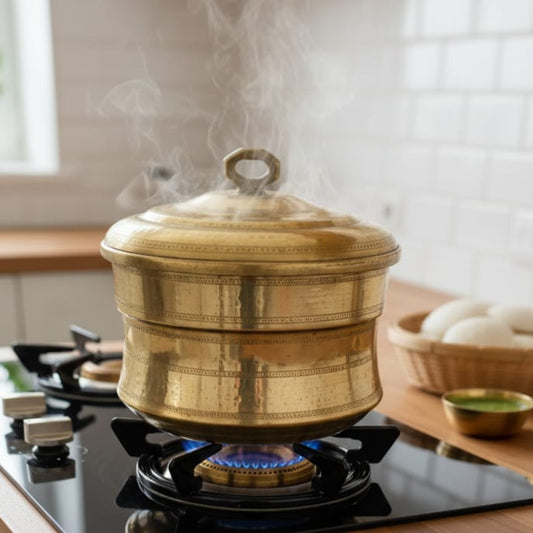 ORIGINAL ANTIQUE: AT/120 - Very Rare Vintage Brass Idli Steamer Pot - Idli Patra with 2 Inserts Including 9 Idli Moulds | KITCHENWARE | UTENSILS | HOME APPLIANCES