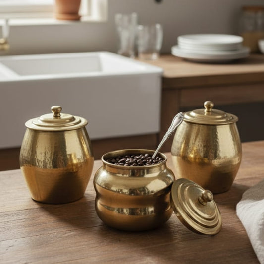 ORIGINAL ANTIQUE: AT/133 - Set Of 3 - Very Rare Pure Brass Beautiful Shape Storage Jars with Lid | KITCHENWARE | UTENSILS | HOME APPLIANCES