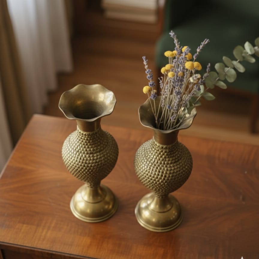 OT/24 - Set of 2 - Vintage Rare Pure Brass Very Beautiful Shape & Design Flower Vase | KITCHENWARE | UTENSILS | HOME APPLIANCES