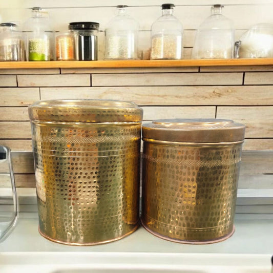 ORIGINAL ANTIQUE: AT/154 - Set of 2 -  100% Pure Brass Beautifully Hammered Cylindrical Storage Boxes | KITCHENWARE | UTENSILS | HOME APPLIANCES