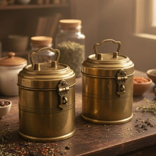 ORIGINAL ANTIQUE: AT/166 - Set of 2 - Rare Vintage Pure Brass Cylindrical Shape Storage Box with Lock System | KITCHENWARE | UTENSILS | HOME APPLIANCES