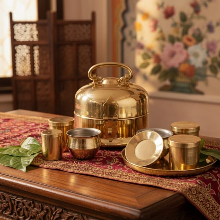 BN/02A - 100% Pure Brass Very Beautiful Round Shape Paan daan - Betel Nut Supari Box - with lock system - Complete Set | KITCHENWARE | UTENSILS | HOME APPLIANCES