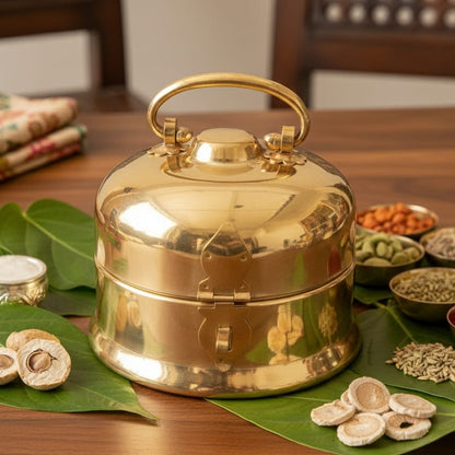 BN/02A - 100% Pure Brass Very Beautiful Round Shape Paan daan - Betel Nut Supari Box - with lock system - Complete Set | KITCHENWARE | UTENSILS | HOME APPLIANCES