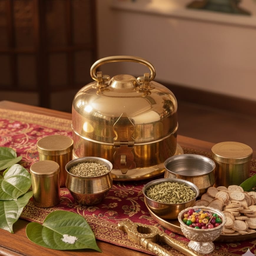 BRAND NEW: NW/016 - 100% Pure Brass Very Beautiful Round Shape Paan daan - Betel Nut Supari Box - with lock system - Complete Set | KITCHENWARE | UTENSILS | HOME APPLIANCES