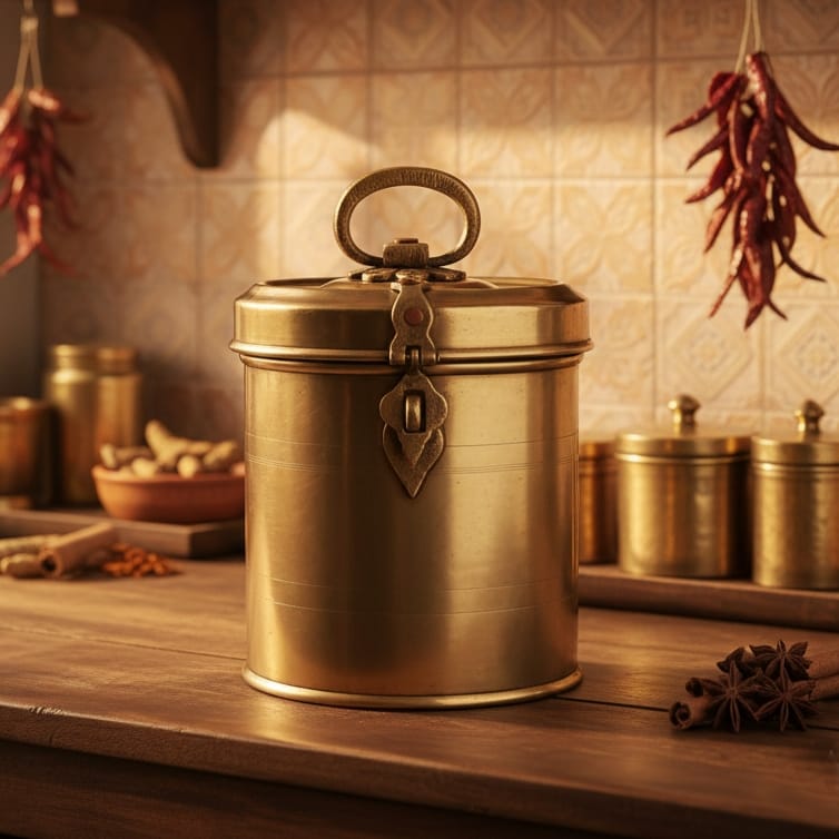 ORIGINAL ANTIQUE: AT/065 - Vintage Brass Cylindrical Lockable Box With Handle | KITCHENWARE | UTENSILS | HOME APPLIANCES