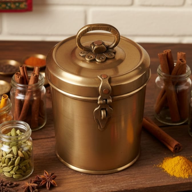 CSB/15 - Vintage Brass Cylindrical Lockable Box With Handle | KITCHENWARE | UTENSILS | HOME APPLIANCES