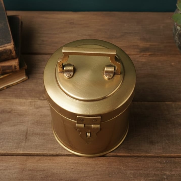 CSB/03 - Vintage Brass Cylindrical Lockable Box With Handle | KITCHENWARE | UTENSILS | HOME APPLIANCES