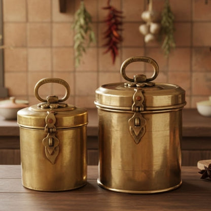 RA/217 | Set of 2 - Vintage Brass Cylindrical Original Antique Lockable Box With Handle