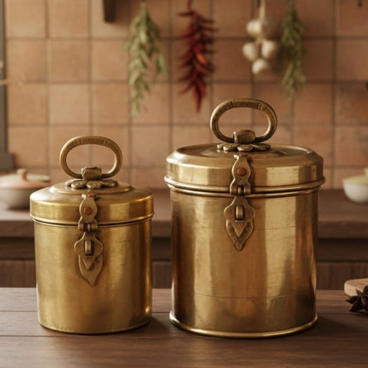 CP/13 - Set of 2 - Vintage Brass Cylindrical Original Antique Lockable Box With Handle | KITCHENWARE | UTENSILS | HOME APPLIANCES