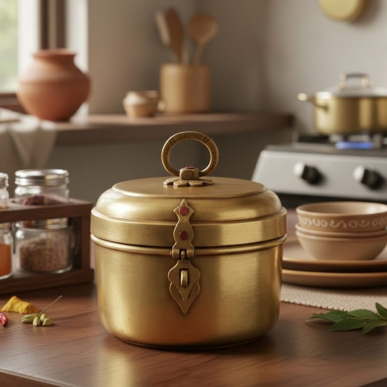 RSB/06 - Vintage Rare Pure Brass Original Round Shape Box With Handle & Locking System | KITCHENWARE | UTENSILS | HOME APPLIANCES