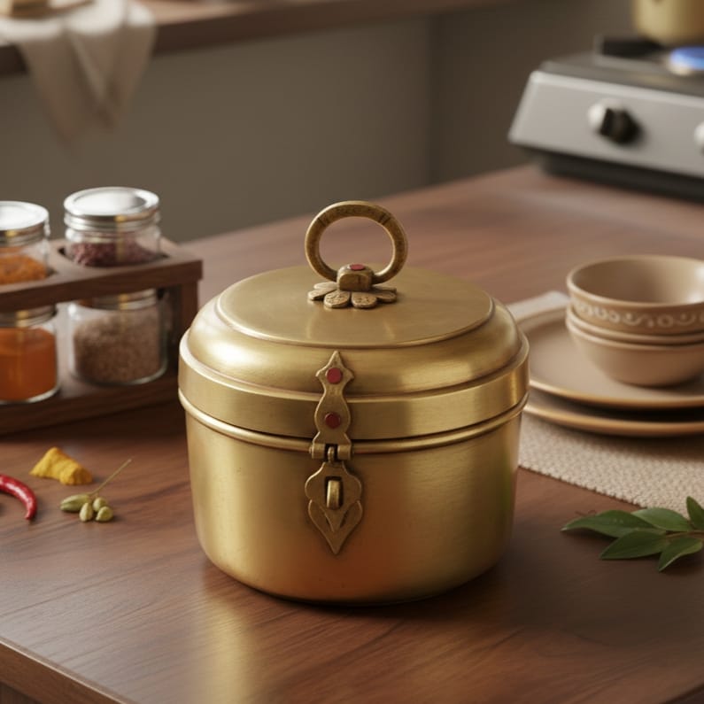 RSB/06 - Vintage Rare Pure Brass Original Round Shape Box With Handle & Locking System | KITCHENWARE | UTENSILS | HOME APPLIANCES