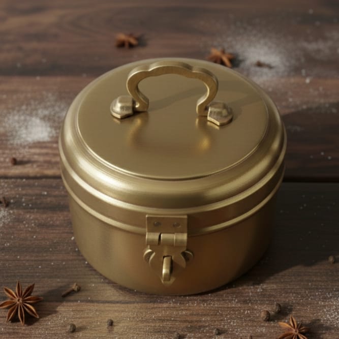RSB/05 - Vintage Rare Pure Brass Original Antique Round Shape Box With Handle & Locking System | KITCHENWARE | UTENSILS | HOME APPLIANCES