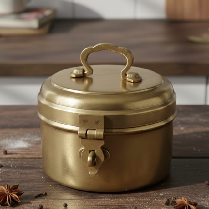 RSB/05 - Vintage Rare Pure Brass Original Antique Round Shape Box With Handle & Locking System | KITCHENWARE | UTENSILS | HOME APPLIANCES