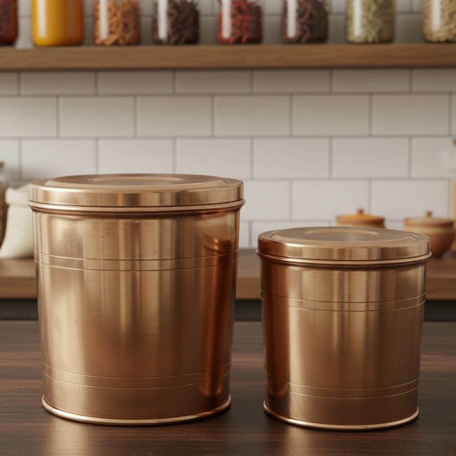 CSB/13 - Set of 2 - Original Vintage Pure Brass Cylindrical Shape Storage Container | KITCHENWARE | UTENSILS | HOME APPLIANCES