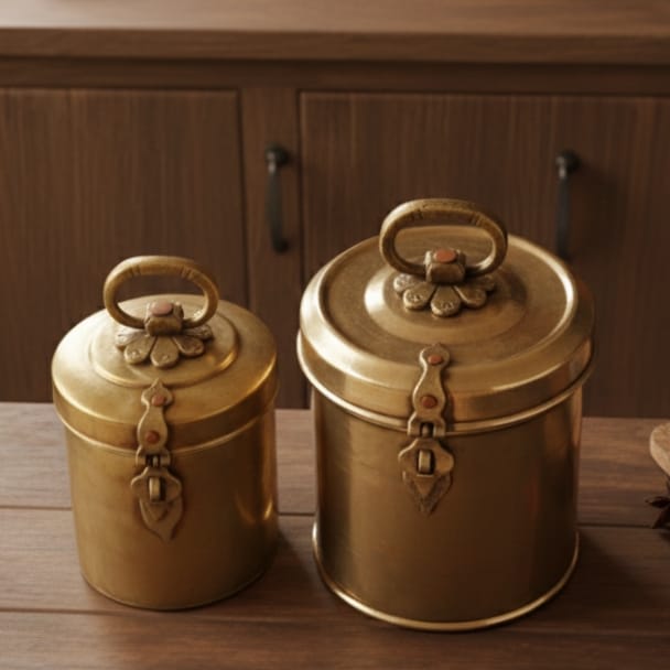 CSB/08 - Set of 2 - Vintage Brass Cylindrical Original Antique Lockable Box With Handle | KITCHENWARE | UTENSILS | HOME APPLIANCES