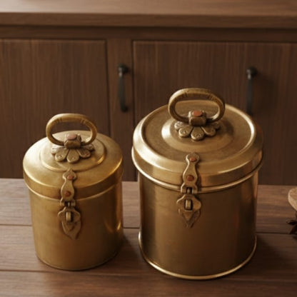 RA/217 | Set of 2 - Vintage Brass Cylindrical Original Antique Lockable Box With Handle