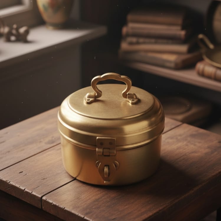 RSB/28 - Vintage Rare Pure Brass Cylindrical Box With Handle & Locking System | KITCHENWARE | UTENSILS | HOME APPLIANCES