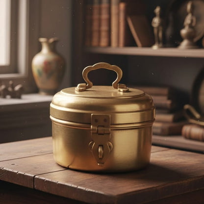 RA/003-1 | Vintage Rare Pure Brass Original Antique Round Shape Box With Handle & Locking System