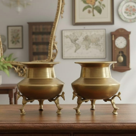 ORIGINAL ANTIQUE: AT/296 - Set of 2 Rare Vintage Unique Shape Pure Brass Lota on Legs | KITCHENWARE | UTENSILS | HOME APPLIANCES