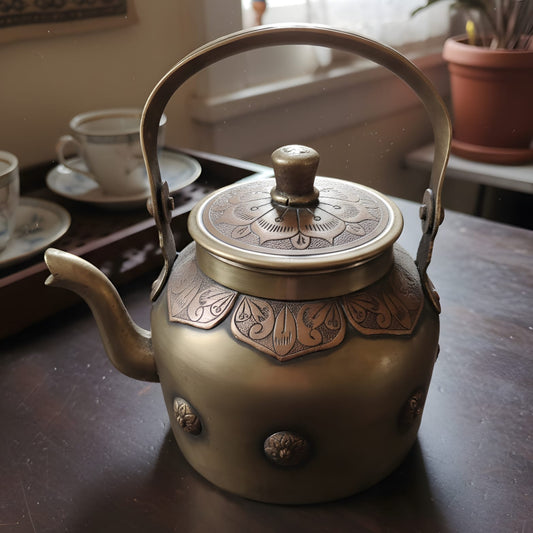 PM/08 - Antique Brass Tea Kettle with Copper Engraving – Vintage Handmade Teapot, Rare Collectible Home Decor | KITCHENWARE | UTENSILS | HOME APPLIANCES