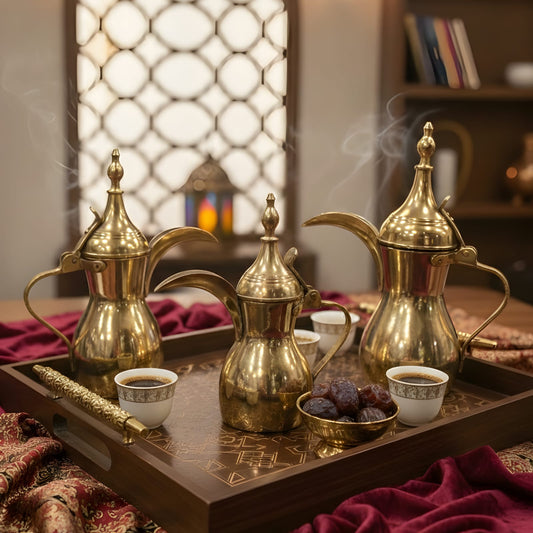 ORIGINAL ANTIQUE: AT/028 - Set of 3 Arabic Brass Dallah Coffee Pots – Traditional Vintage Style, Glossy Finish, Middle Eastern Decor Collectible | KITCHENWARE | UTENSILS | HOME APPLIANCES
