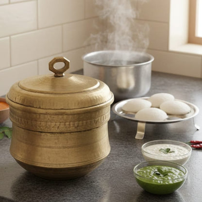RA/222 | Very Rare Vintage Brass Idli Steamer Pot – Idli Patra with 2 Inserts, 9 Idli Moulds, Traditional Cookware Collectible