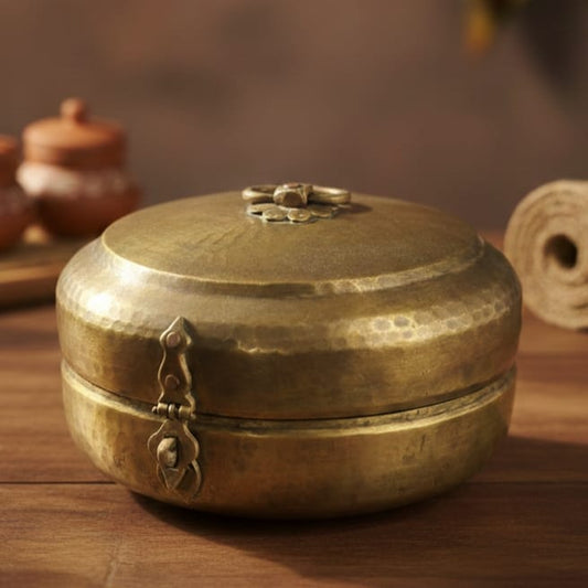 ORIGINAL ANTIQUE: AT/223 - Rare Vintage Pure Brass Hammered Large Chapati Box – Antique Roti Storage Container, Traditional Kitchen Collectible | KITCHENWARE | UTENSILS | HOME APPLIANCES