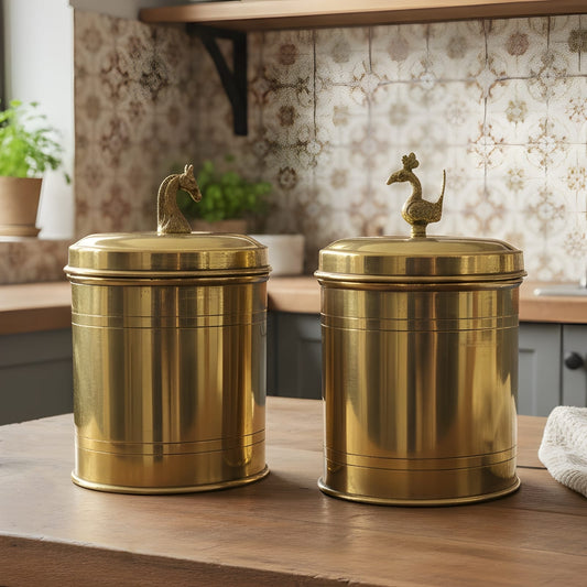 ORIGINAL ANTIQUE: AT/226 - Set of 2 Antique Brass Cylindrical Storage Boxes with Horse & Peacock Lid – Rare Vintage Decorative Collectibles | KITCHENWARE | UTENSILS | HOME APPLIANCES