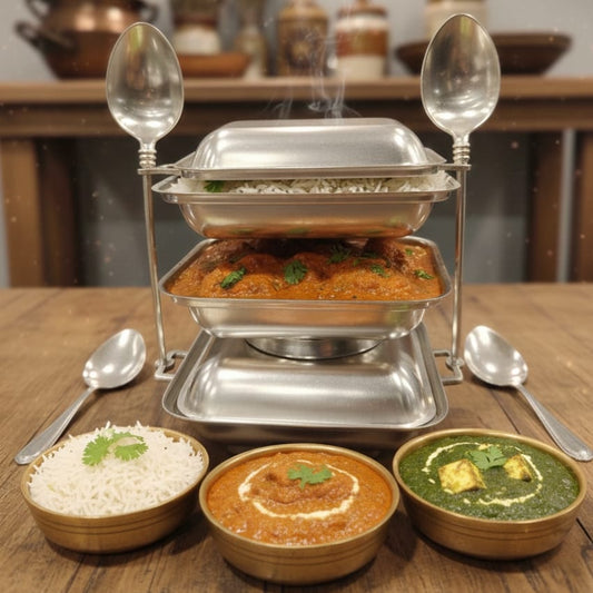 ORIGINAL ANTIQUE: AT/229 - Rare Antique Silver-Plated Brass Tiffin Box with 2 Spoons – Vintage Indian Lunch Carrier Collectible | KITCHENWARE | UTENSILS | HOME APPLIANCES