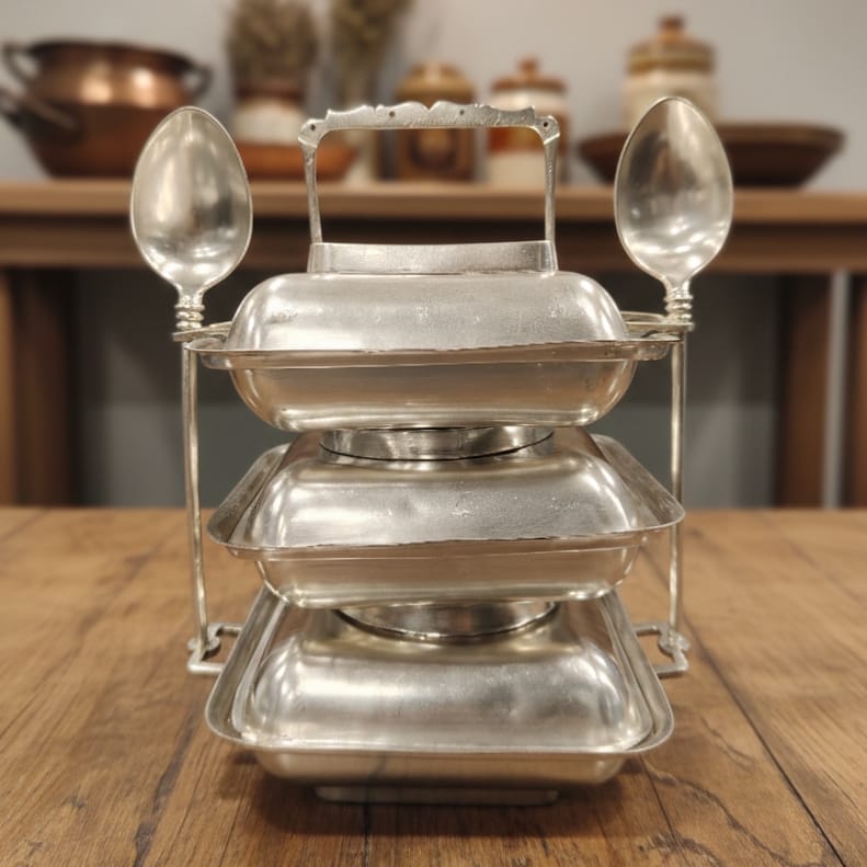RA/229 | Rare Antique Silver-Plated Brass Tiffin Box with 2 Spoons – Vintage Indian Lunch Carrier Collectible