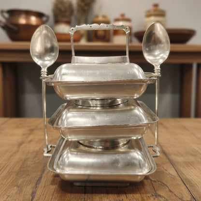 RA/229 | Rare Antique Silver-Plated Brass Tiffin Box with 2 Spoons – Vintage Indian Lunch Carrier Collectible