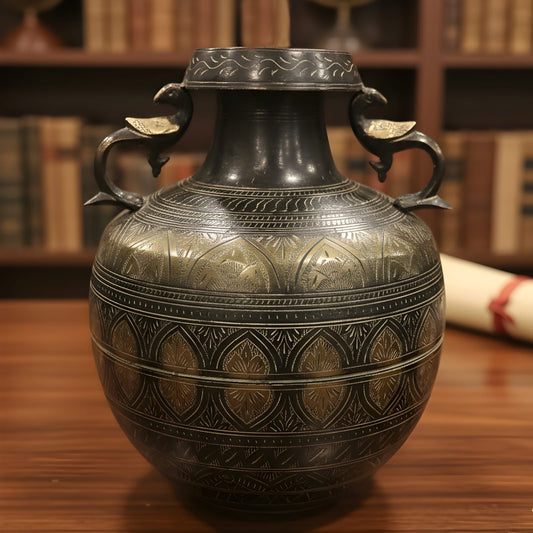 PM/16 - Very Rare Vintage Oxidised Pure Brass Large Pot Vase Planter with Peacock Handles, Hand-Carved Floral Vine Motifs | KITCHENWARE | UTENSILS | HOME APPLIANCES