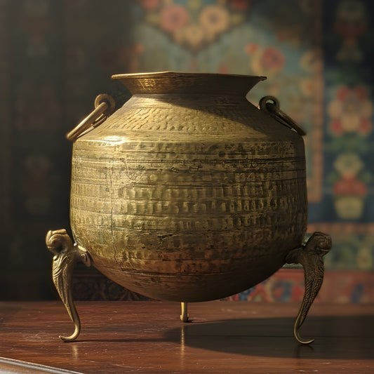 ORIGINAL ANTIQUE: AT/237 - Rare Vintage Pure Brass Large Round Pot Vase Planter on Parrot Legs – Antique Style Decorative Collectible | KITCHENWARE | UTENSILS | HOME APPLIANCES