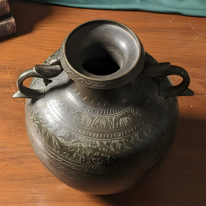 WP/23 - Very Rare Vintage Oxidised Pure Brass Large Pot Vase Planter with Peacock Handles, Hand-Carved Floral Vine Motifs | KITCHENWARE | UTENSILS | HOME APPLIANCES