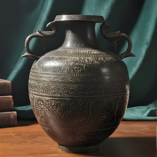 WP/23 - Very Rare Vintage Oxidised Pure Brass Large Pot Vase Planter with Peacock Handles, Hand-Carved Floral Vine Motifs | KITCHENWARE | UTENSILS | HOME APPLIANCES