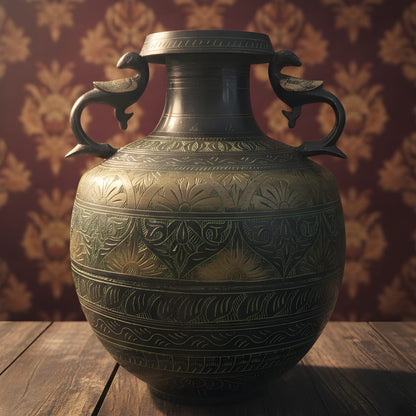 WP/25 - Very Rare Vintage Oxidised Pure Brass Large Pot Vase Planter with Peacock Handles, Hand-Carved Floral Vine Motifs | KITCHENWARE | UTENSILS | HOME APPLIANCES