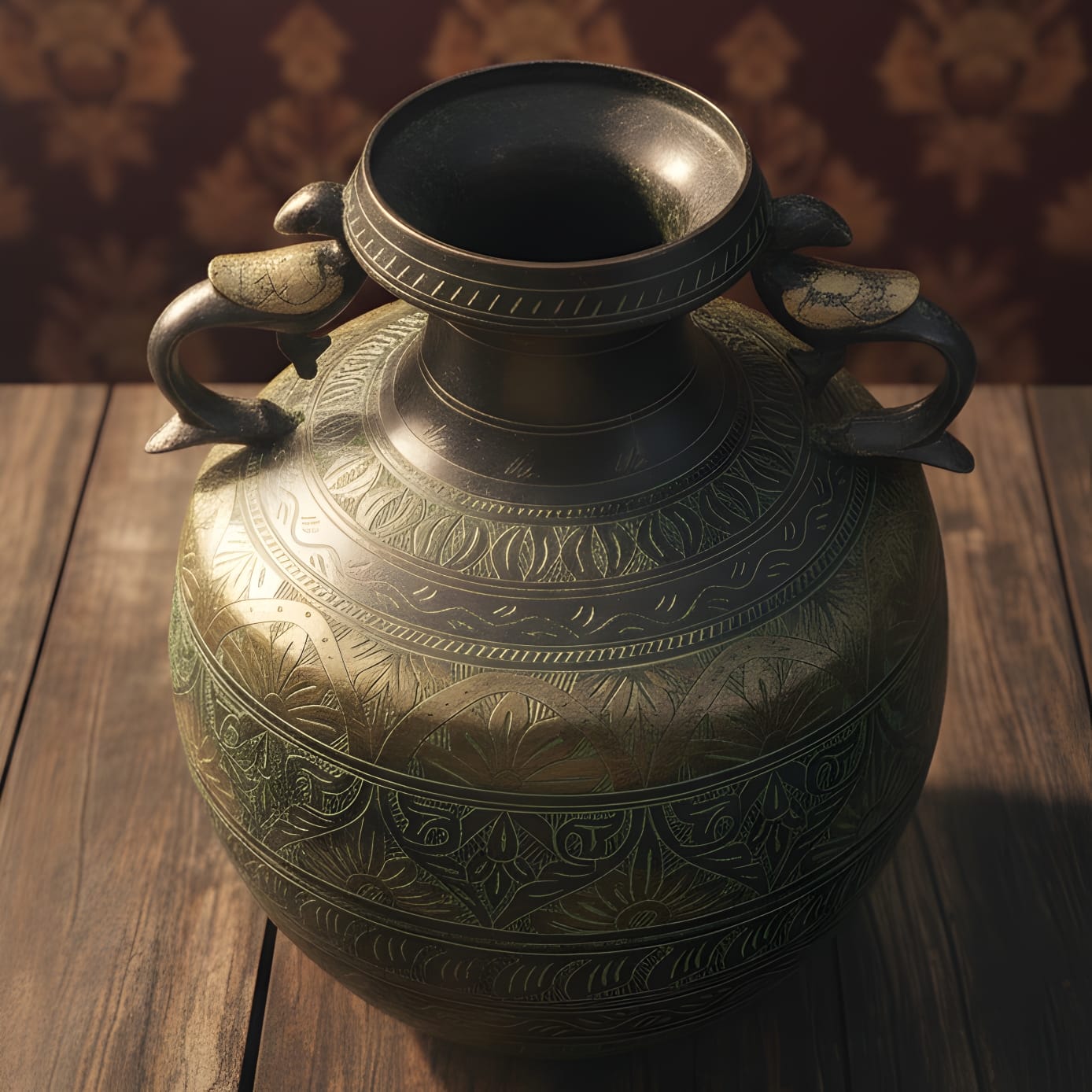 WP/25 - Very Rare Vintage Oxidised Pure Brass Large Pot Vase Planter with Peacock Handles, Hand-Carved Floral Vine Motifs | KITCHENWARE | UTENSILS | HOME APPLIANCES