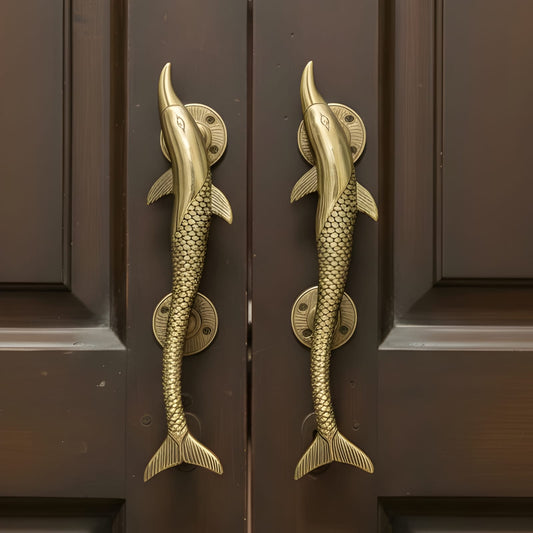 OT/31 - Set of 2 Rare Vintage Antique Pure Brass Dolphin/Fish Door Handles – Handcrafted Engraved Solid Decorative Pulls | KITCHENWARE | UTENSILS | HOME APPLIANCES