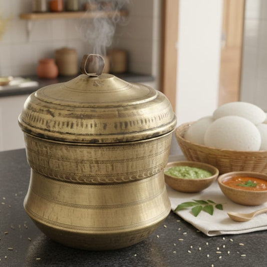 ORIGINAL ANTIQUE: AT/016 - Rare Vintage Brass Idli Steamer Pot (Idli Patra) with 2 Inserts & 6 Idli Moulds – Traditional Indian Idli Maker Cooker & Collectible Kitchenware | KITCHENWARE | UTENSILS | HOME APPLIANCES