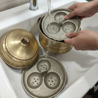 RA/012 | Rare Vintage Brass Idli Steamer Pot (Idli Patra) with 2 Inserts & 6 Idli Moulds – Traditional Indian Idli Maker Cooker & Collectible Kitchenware