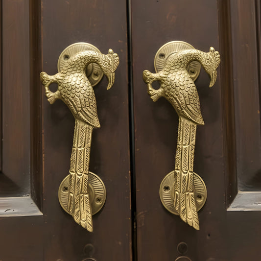 OT/29 - Set of 2 Rare Vintage Antique Pure Brass Peacock Door Handles – Handcrafted Engraved Solid Decorative Pulls | KITCHENWARE | UTENSILS | HOME APPLIANCES