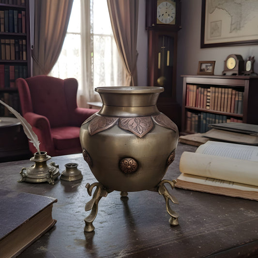 PM/05 - Rare Antique Pure Brass Multipurpose Pot/Vase/Planter/Holder with Peacock Legs – Handcrafted Copper Engraving Decor | KITCHENWARE | UTENSILS | HOME APPLIANCES