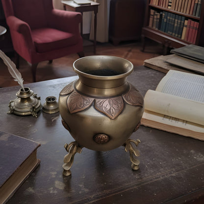 RA/253 | Rare Antique Pure Brass Multipurpose Pot/Vase/Planter/Holder with Peacock Legs – Handcrafted Copper Engraving Decor