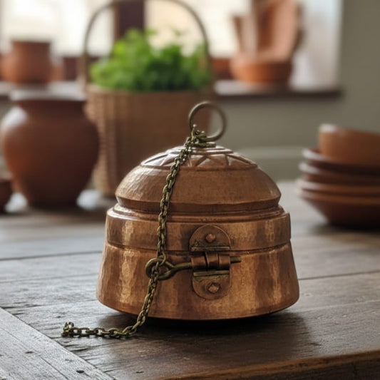 ORIGINAL ANTIQUE: AT/270 - Rare Vintage Pure Copper Storage Box with Lock – Hand Hammered & Engraved Jewellery Keeper | KITCHENWARE | UTENSILS | HOME APPLIANCES