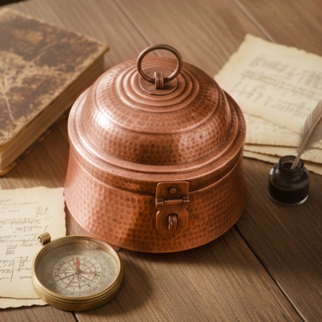RA/271 | Rare Vintage Pure Copper Storage Box with Lock – Hand Hammered & Engraved Jewellery Keeper
