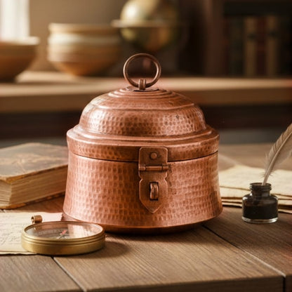 RA/271 | Rare Vintage Pure Copper Storage Box with Lock – Hand Hammered & Engraved Jewellery Keeper